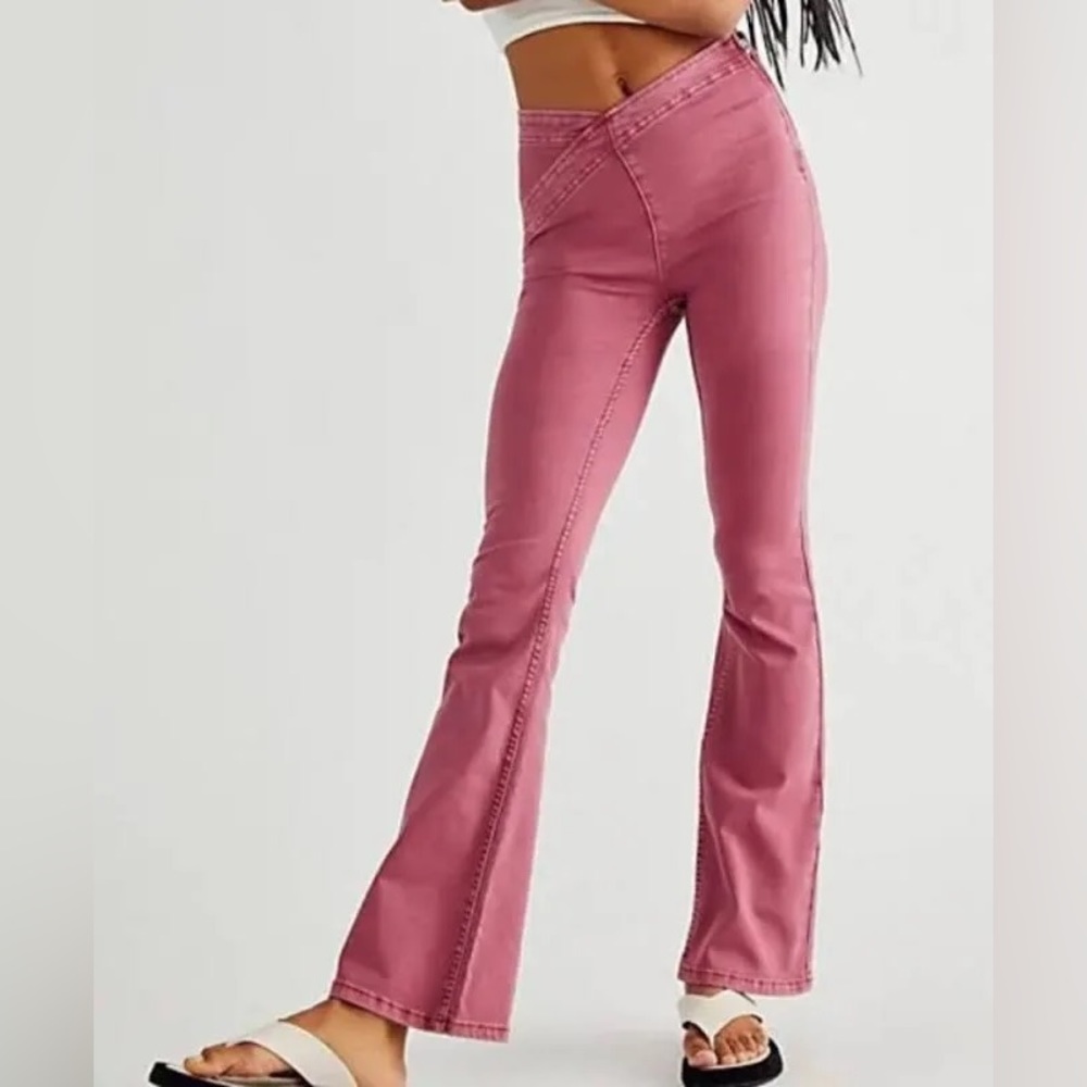 Free People We the Free Juliet Flare Jeans Size 26 Side Zip Pink Stretch Denim